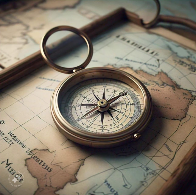 An antique brass compass resting on an old map